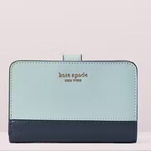 New Kate Spade New York Two Tone Blue Saffiano Leather Zip Snap Card Case Wallet